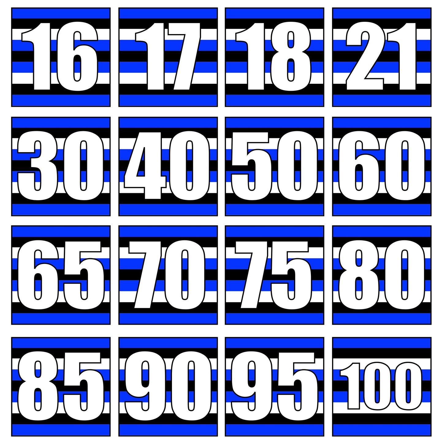 Blue, Black and White Milestone Age Birthday Cards