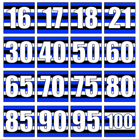 Blue, Black and White Milestone Age Birthday Cards